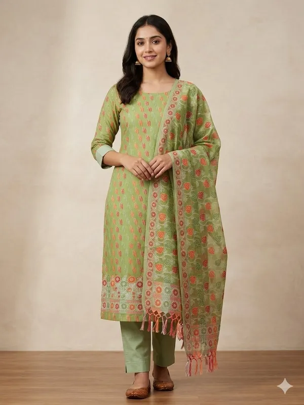 Green_Unstitched_Suit_Fabric_|_Cotton_Silk_Dress_Material_with_Thread_Weaving