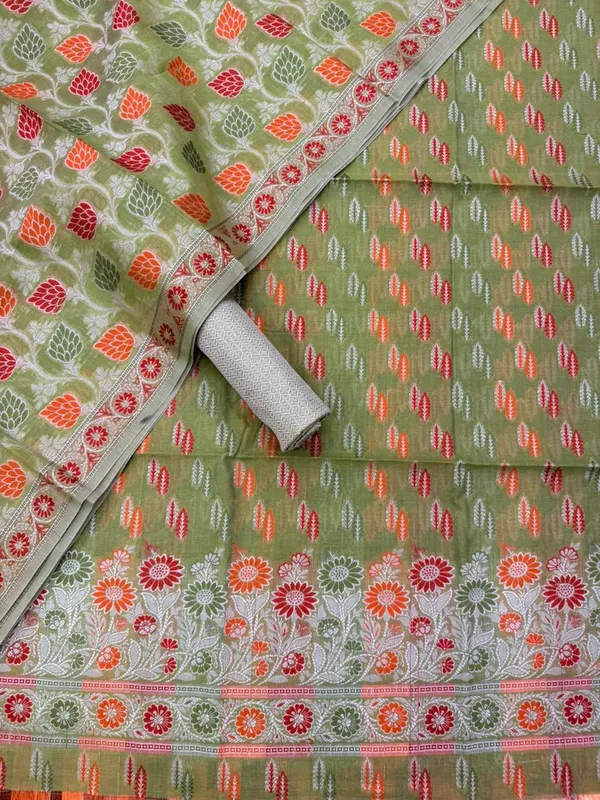 Green_Unstitched_Suit_Fabric_|_Cotton_Silk_Dress_Material_with_Thread_Weaving