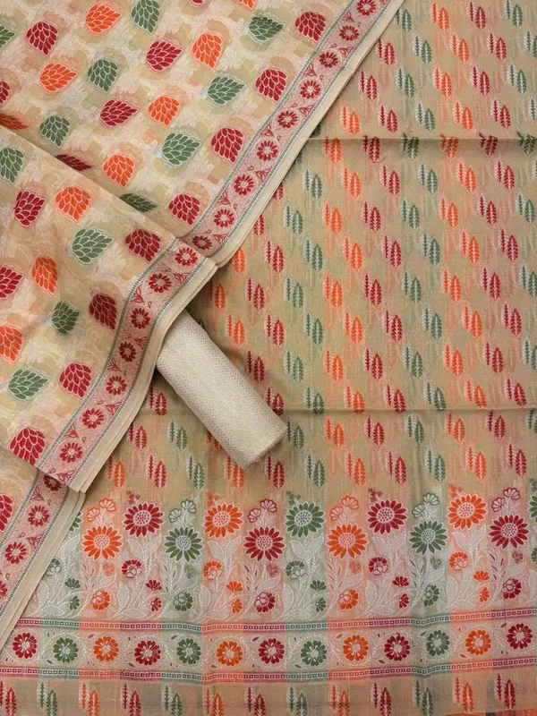 Beige_Unstitched_Suit_Fabric_|_Cotton_Silk_Dress_Material_with_Thread_Weaving