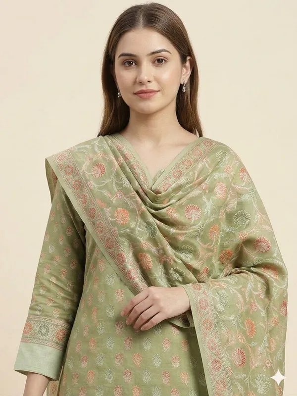 Green_Unstitched_Suit_Fabric_|_Cotton_Silk_Dress_Material_with_Thread_Weaving