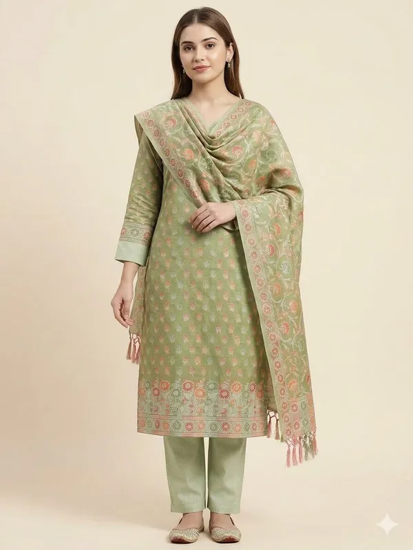 Green_Unstitched_Suit_Fabric_|_Cotton_Silk_Dress_Material_with_Thread_Weaving