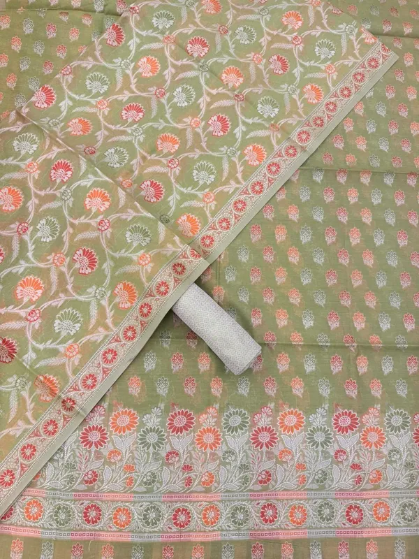 Green_Unstitched_Suit_Fabric_|_Cotton_Silk_Dress_Material_with_Thread_Weaving