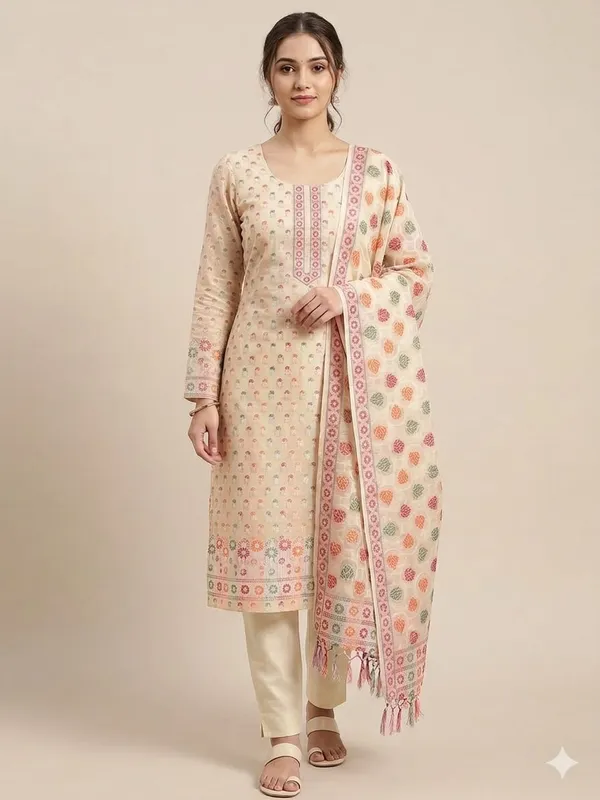 Cream_Unstitched_Suit_Fabric_|_Cotton_Silk_Dress_Material_with_Thread_Weaving