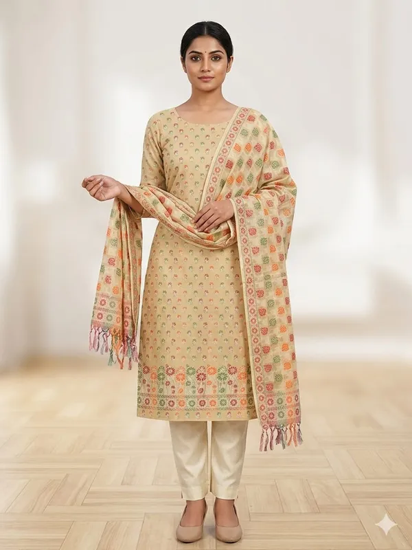 Beige_Unstitched_Suit_Fabric_|_Cotton_Silk_Dress_Material_with_Thread_Weaving