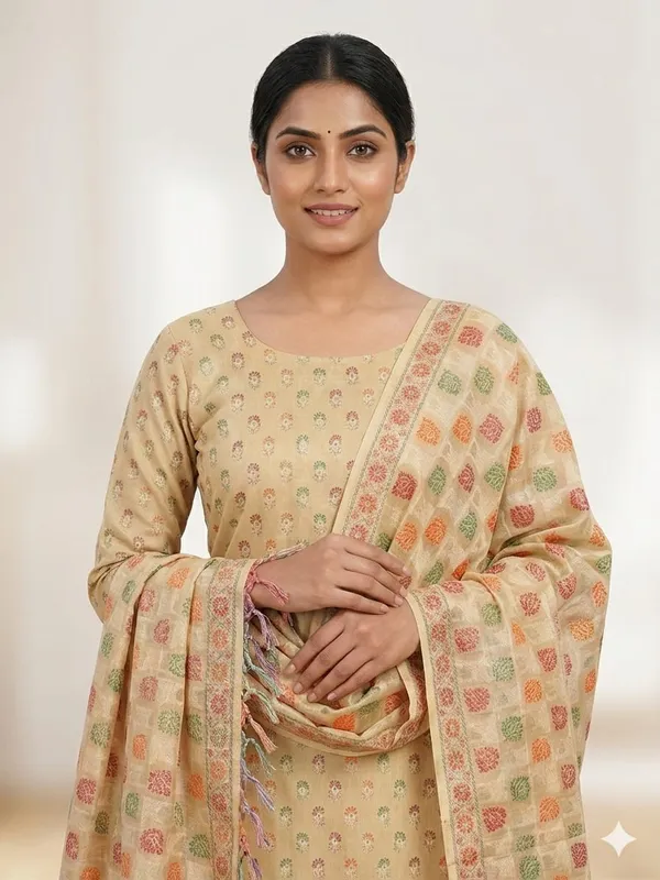 Beige_Unstitched_Suit_Fabric_|_Cotton_Silk_Dress_Material_with_Thread_Weaving