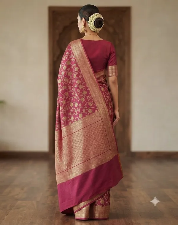 Peach_Banarasi_Zari_Jaal_Work_Silk_Saree_with_Heavy_Aachal