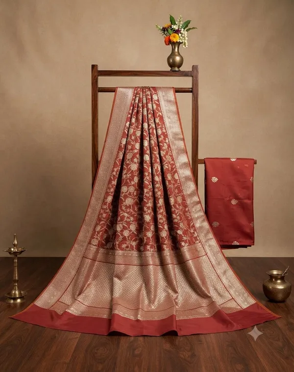 Peach_Banarasi_Zari_Jaal_Work_Silk_Saree_with_Heavy_Aachal