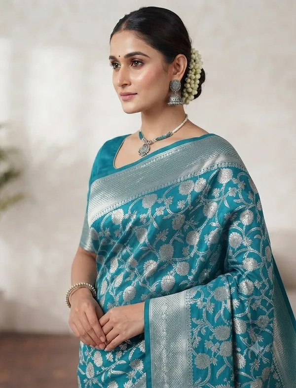 Rama_Green_Banarasi_Zari_Jaal_Work_Silk_Saree_with_Heavy_Aachal