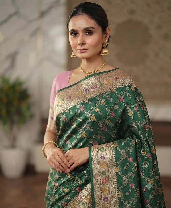 Bottle_Green_Banarasi_Meena_Work_Silk_Saree_with_Heavy_Aachal