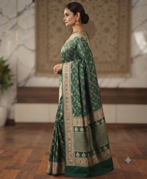 Bottle_Green_Banarasi_Meena_Work_Silk_Saree_with_Heavy_Aachal