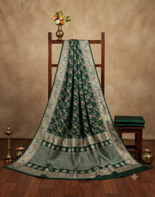 Bottle_Green_Banarasi_Meena_Work_Silk_Saree_with_Heavy_Aachal