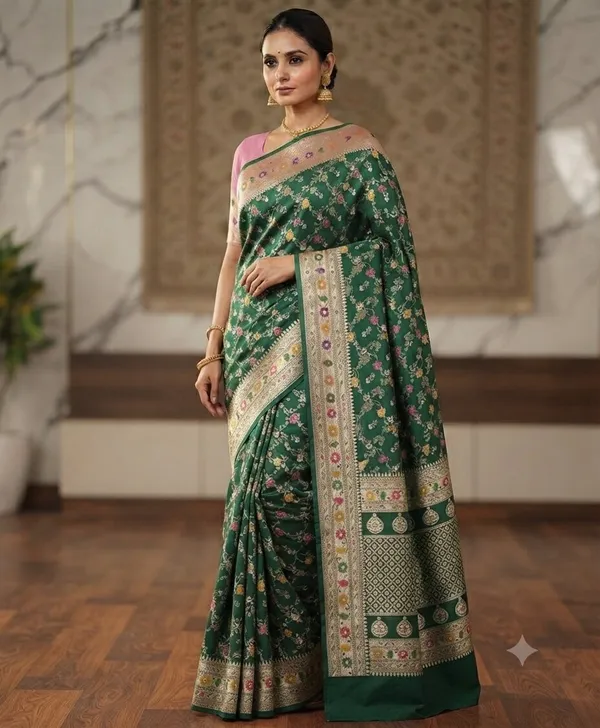 Bottle_Green_Banarasi_Meena_Work_Silk_Saree_with_Heavy_Aachal