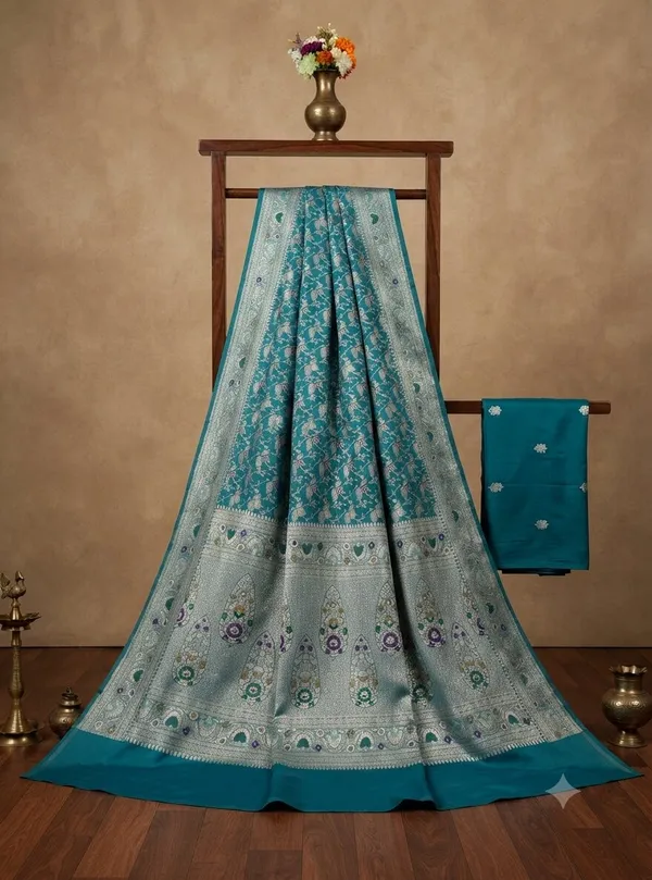 Sea_Green_Banarasi_Meena_Work_Silk_Saree_with_Heavy_Aachal