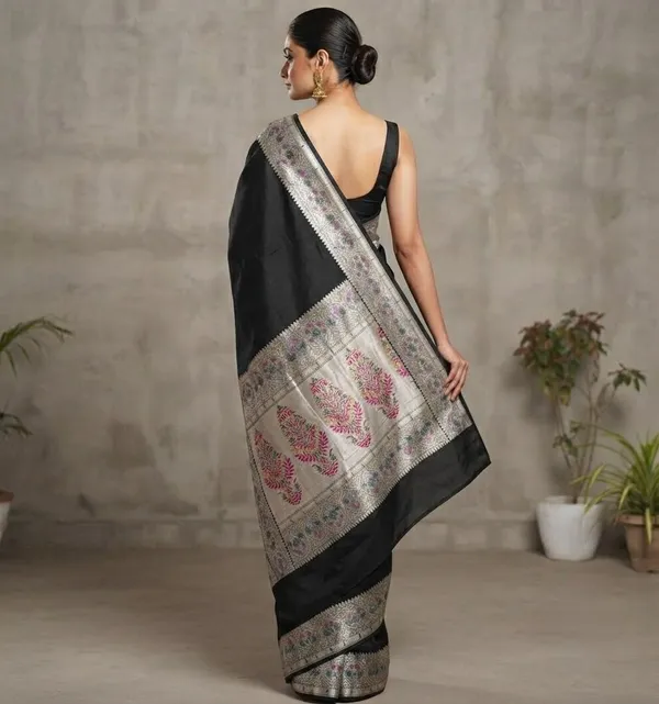 Black_Silk_Saree_Plain_with_Heavy_Meena_Work_Achal_&_Border