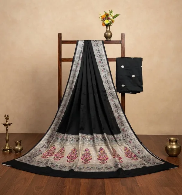 Black_Silk_Saree_Plain_with_Heavy_Meena_Work_Achal_&_Border