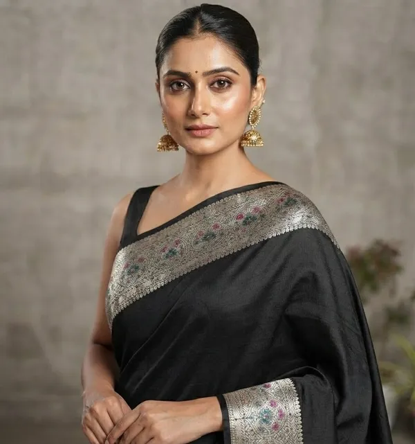 Black_Silk_Saree_Plain_with_Heavy_Meena_Work_Achal_&_Border