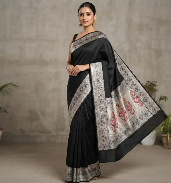 Black_Silk_Saree_Plain_with_Heavy_Meena_Work_Achal_&_Border