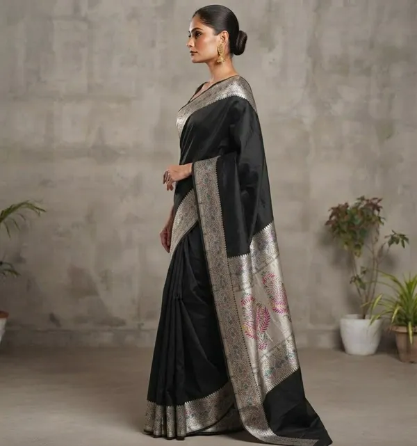 Black_Silk_Saree_Plain_with_Heavy_Meena_Work_Achal_&_Border