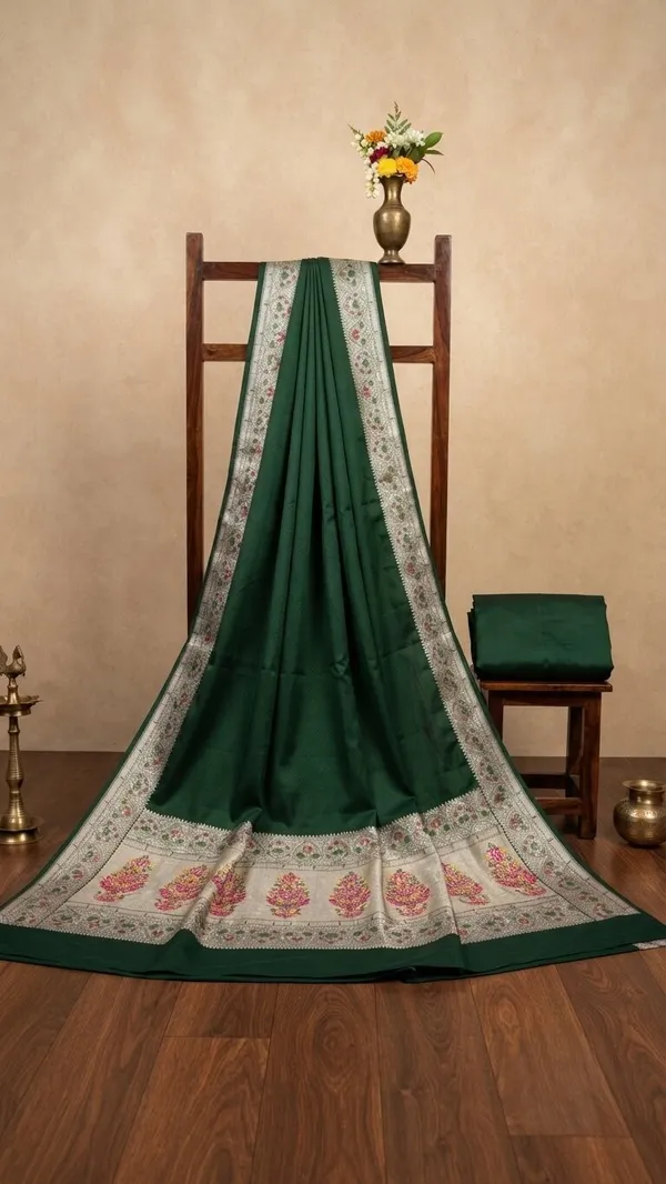 Bottle_Green_Silk_Saree_Plain_with_Heavy_Meena_Work_Achal_&_Border