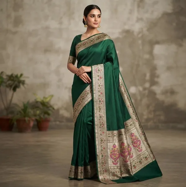 Bottle_Green_Silk_Saree_Plain_with_Heavy_Meena_Work_Achal_&_Border