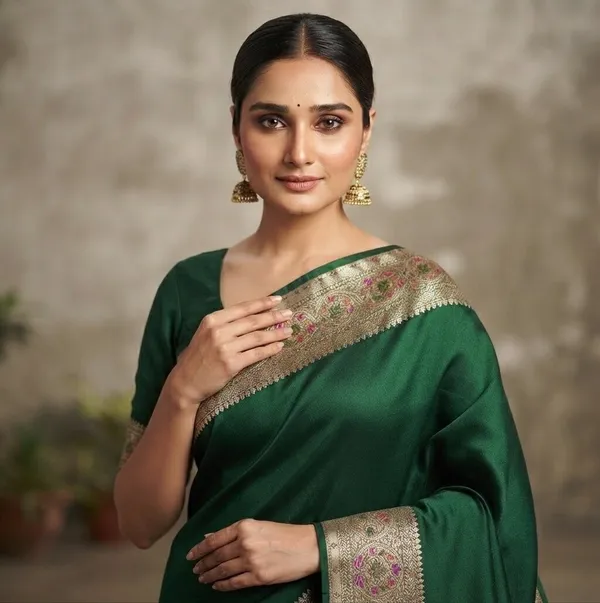 Bottle_Green_Silk_Saree_Plain_with_Heavy_Meena_Work_Achal_&_Border