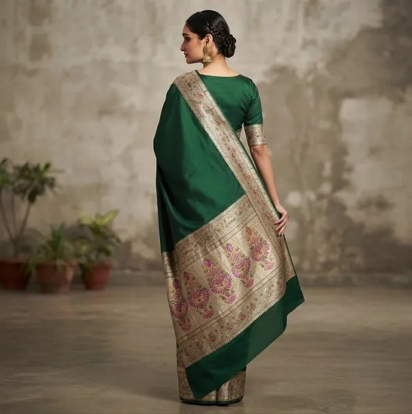 Bottle_Green_Silk_Saree_Plain_with_Heavy_Meena_Work_Achal_&_Border