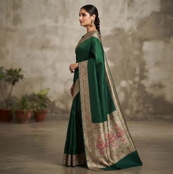 Bottle_Green_Silk_Saree_Plain_with_Heavy_Meena_Work_Achal_&_Border