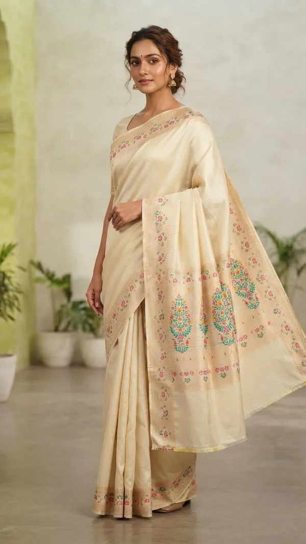 Cream_Silk_Saree_Plain_with_Heavy_Meena_Work_Achal_&_Border