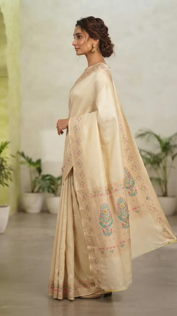 Cream_Silk_Saree_Plain_with_Heavy_Meena_Work_Achal_&_Border