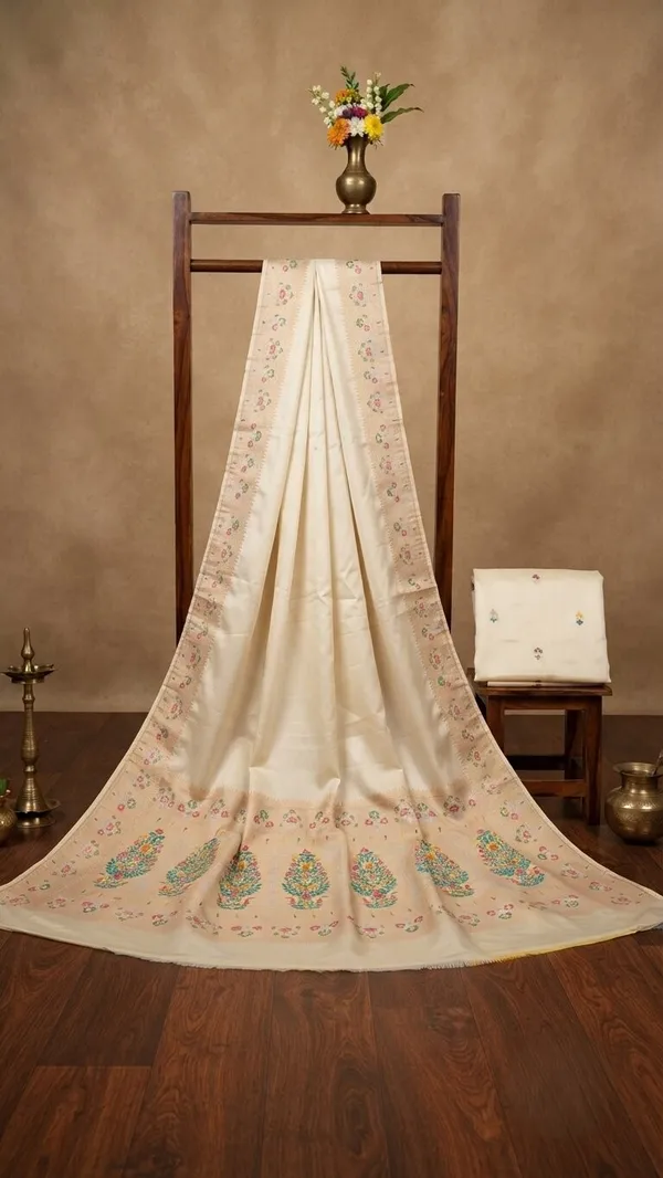 Cream_Silk_Saree_Plain_with_Heavy_Meena_Work_Achal_&_Border
