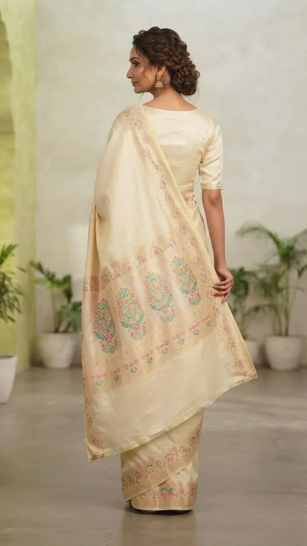 Cream_Silk_Saree_Plain_with_Heavy_Meena_Work_Achal_&_Border