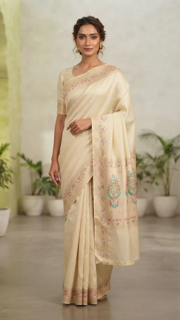 Cream_Silk_Saree_Plain_with_Heavy_Meena_Work_Achal_&_Border