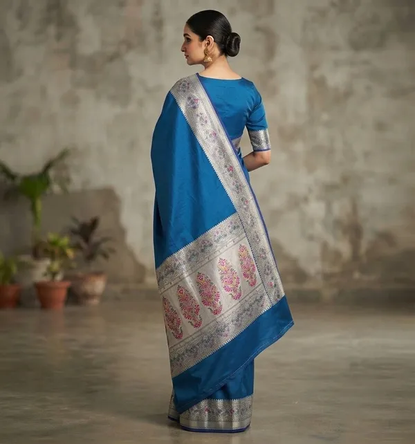 Pecock_Blue_Silk_Saree_Plain_with_Heavy_Meena_Work_Achal_&_Border
