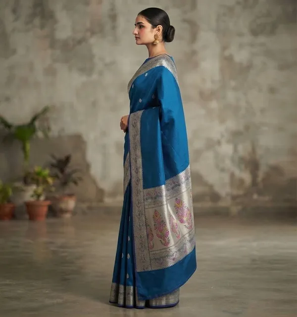 Pecock_Blue_Silk_Saree_Plain_with_Heavy_Meena_Work_Achal_&_Border