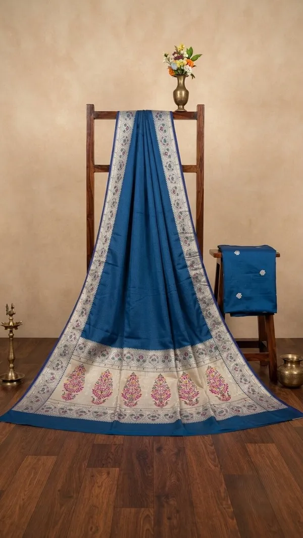 Pecock_Blue_Silk_Saree_Plain_with_Heavy_Meena_Work_Achal_&_Border