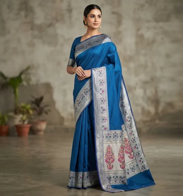 Pecock_Blue_Silk_Saree_Plain_with_Heavy_Meena_Work_Achal_&_Border