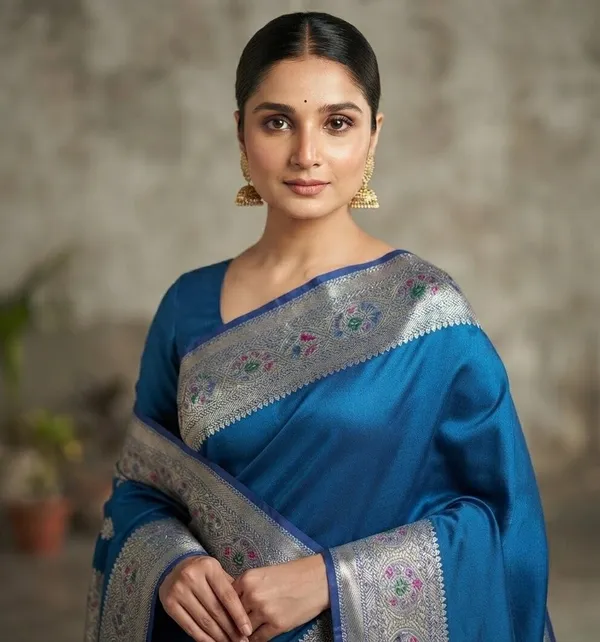 Pecock_Blue_Silk_Saree_Plain_with_Heavy_Meena_Work_Achal_&_Border