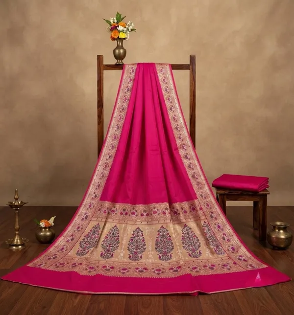 Rani_Pink_Silk_Saree_Plain_with_Heavy_Meena_Work_Achal_&_Border