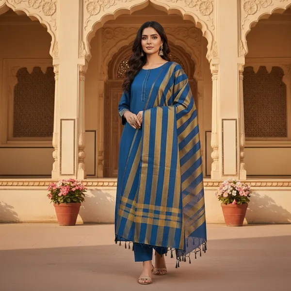 Blue_Banarasi_Cotton_Silk_Plain_Zari_Striped_Border_Unstitched_Suit_Set_with_Dupatta_|_Womens_Festive_Ethnic_Wear
