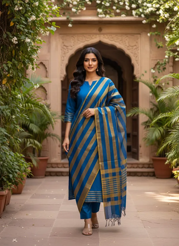 Blue_Banarasi_Cotton_Silk_Plain_Zari_Striped_Border_Unstitched_Suit_Set_with_Dupatta_|_Womens_Festive_Ethnic_Wear