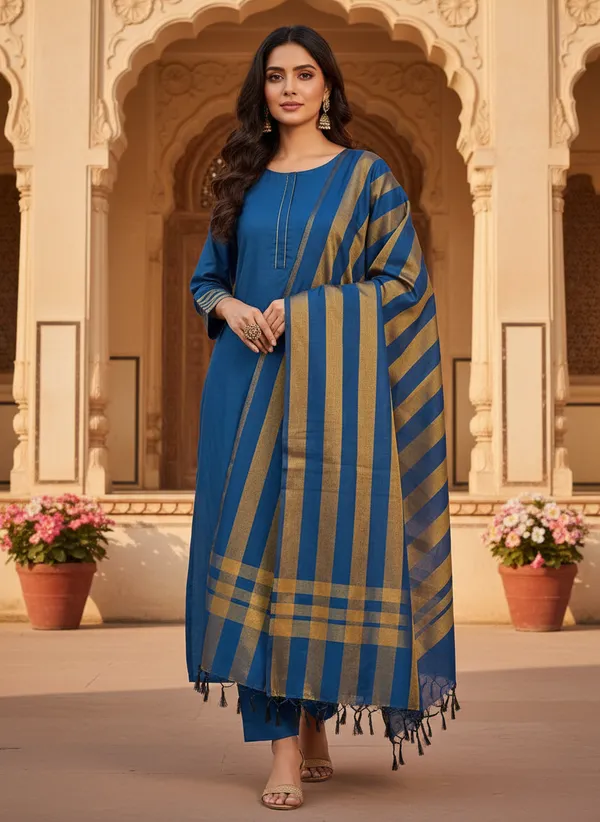 Blue_Banarasi_Cotton_Silk_Plain_Zari_Striped_Border_Unstitched_Suit_Set_with_Dupatta_|_Womens_Festive_Ethnic_Wear