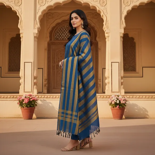 Blue_Banarasi_Cotton_Silk_Plain_Zari_Striped_Border_Unstitched_Suit_Set_with_Dupatta_|_Womens_Festive_Ethnic_Wear