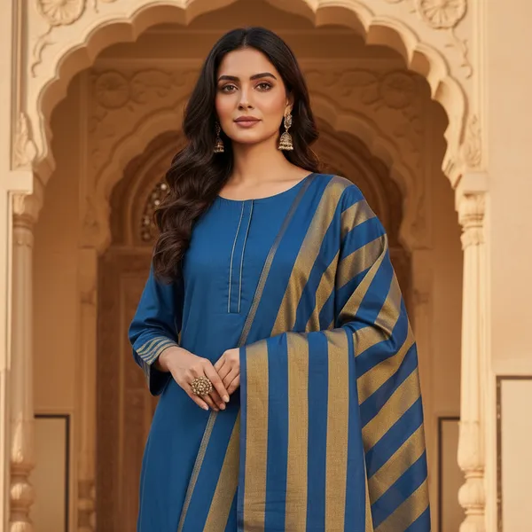 Blue_Banarasi_Cotton_Silk_Plain_Zari_Striped_Border_Unstitched_Suit_Set_with_Dupatta_|_Womens_Festive_Ethnic_Wear