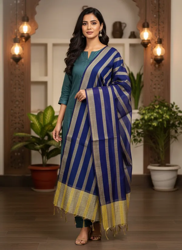 Navy_Blue_Banarasi_Stripe_Dupatta_For_Women