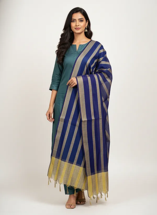 Navy_Blue_Banarasi_Stripe_Dupatta_For_Women
