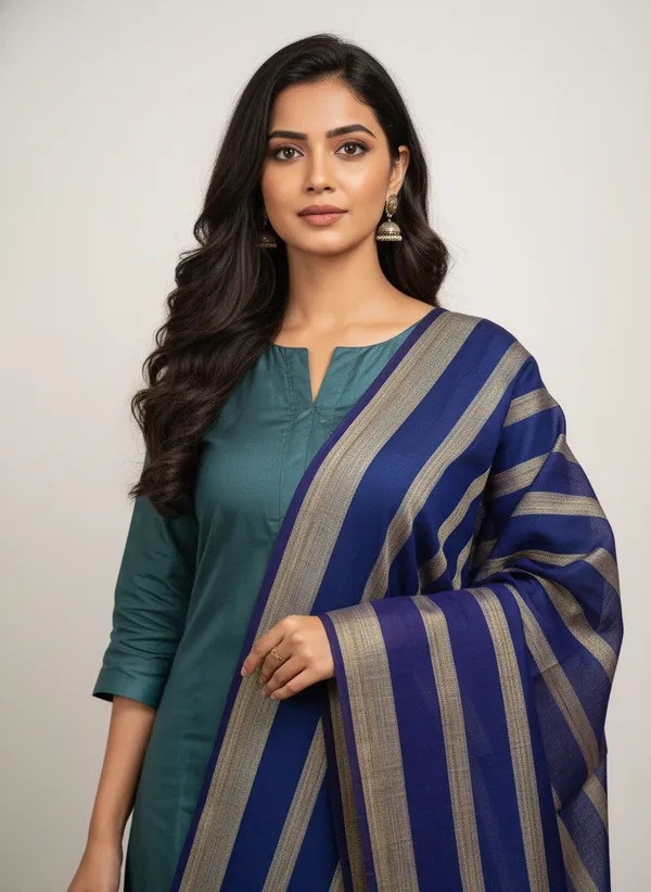 Navy_Blue_Banarasi_Stripe_Dupatta_For_Women
