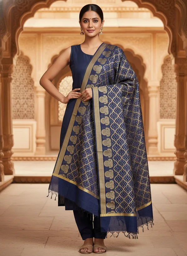 Navy_Banarasi_Cotton_Zari_Weaved_Dupatta
