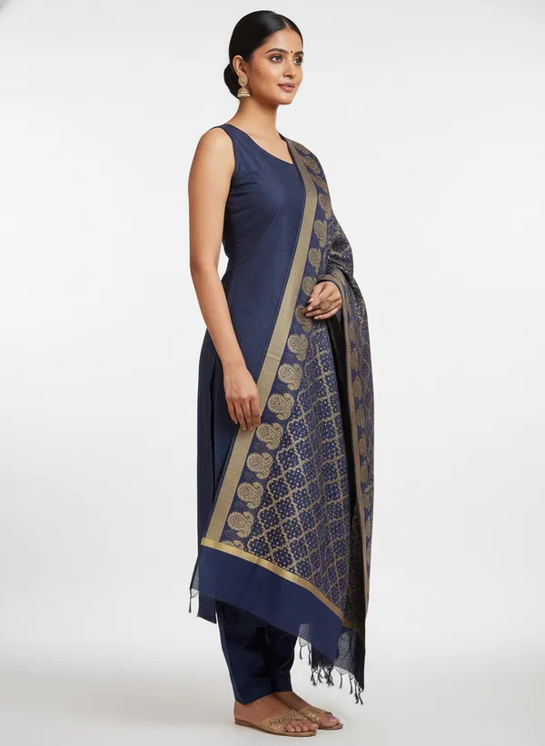 Navy_Banarasi_Cotton_Zari_Weaved_Dupatta