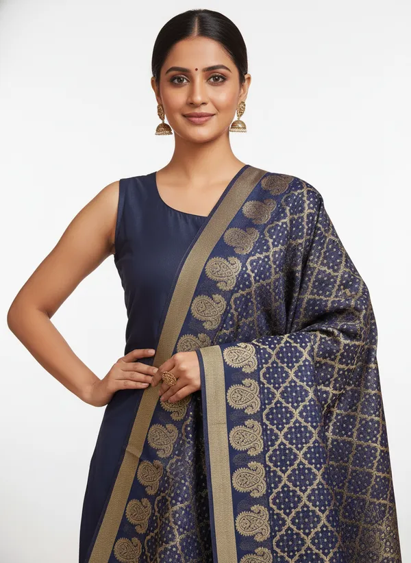 Navy_Banarasi_Cotton_Zari_Weaved_Dupatta