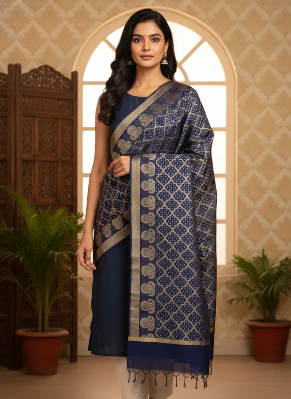 Navy_Banarasi_Cotton_Zari_Weaved_Dupatta